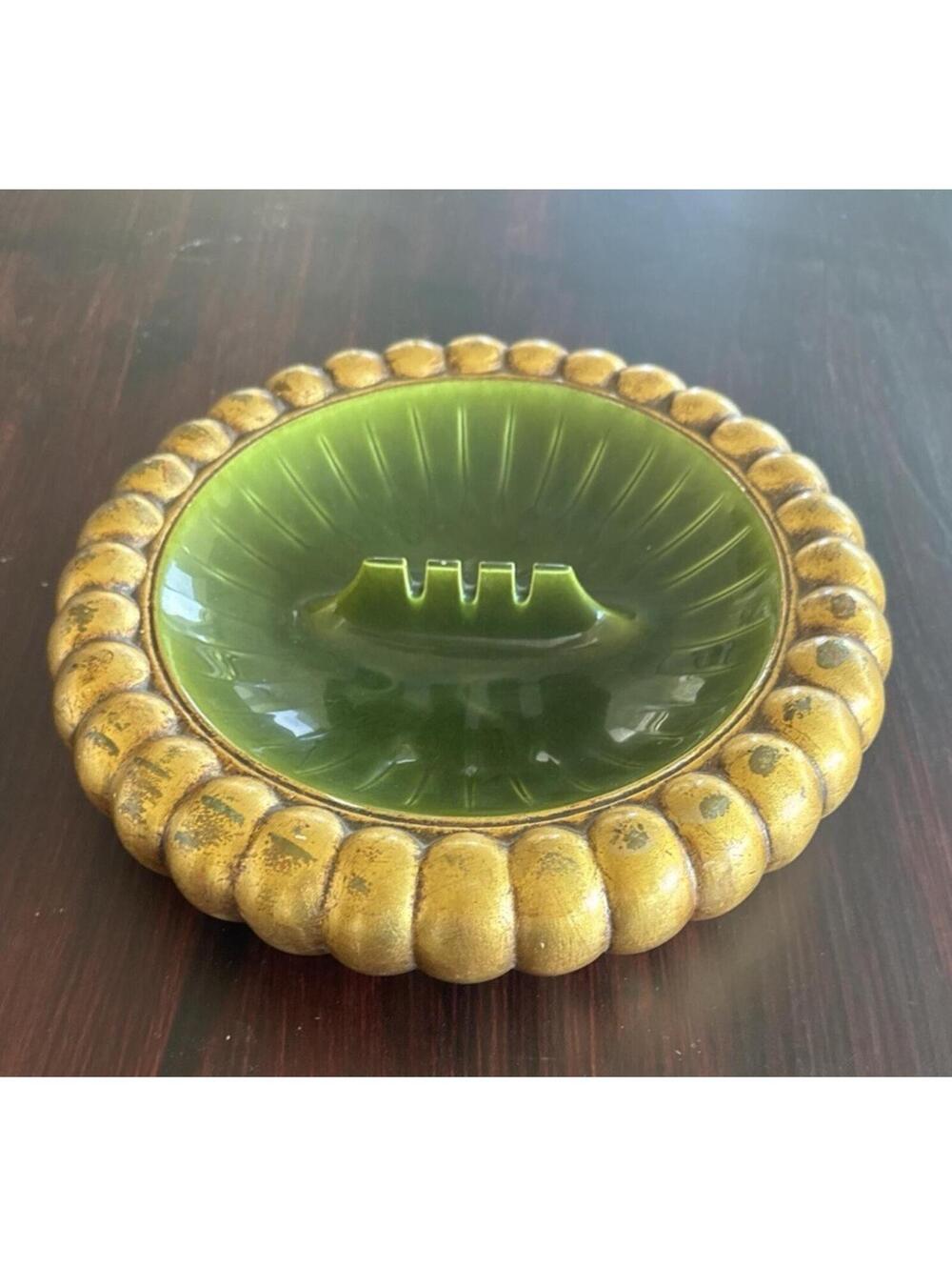 Vintage 1970 USA Green Ceramic Ashtray Gold Beaded Rim Mid Century Retro Decor